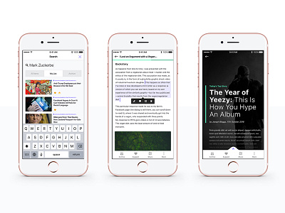 Long Read App - Multiple Screens app article highlight hover ios long read nav news search toolbar ui ux