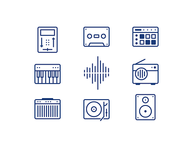 Amplified music icons amplifier crossfader keyboard line icons player radio sampler speaker tape