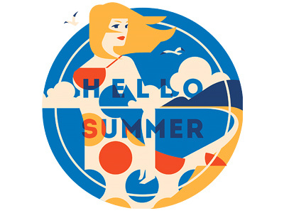 Hello Summer flat girl illustration poster sea summer vacation vector