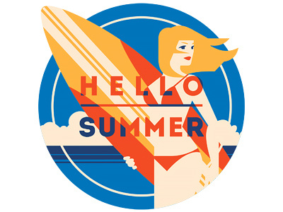 Hello Summer flat girl illustration poster sea summer surfing vacation vector