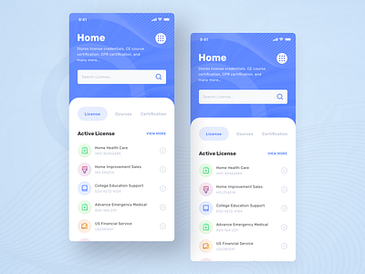 Store License Credentials, Certifications, Courses Apps blue certification courses credentials gradient ios iphonex license minimalist mobile rfnco sketch ui user interface ux