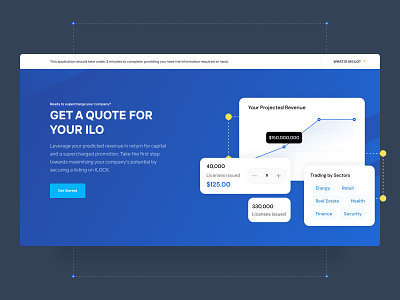 ILO Quote hero section 📈 blue business clean finance glow in the dark hero hero section homepage landing landing page money popular simple statistic ui user interface ux web webpage website