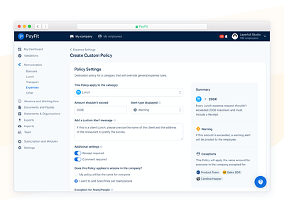 Expense Policy 🔒 alert app creation custom dynamic expense flow forms interface minimal payfit policy product recap summary ui ux