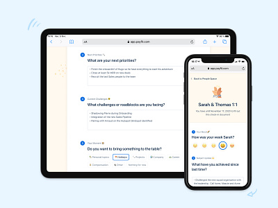 What are your next priorities? 🔨 1:1 emoji form illustrations input interface management minimal mood payfit people performance responsive review select survey text topic ui ux