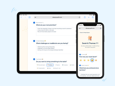 What are your next priorities? 🔨 1:1 emoji form illustrations input interface management minimal mood payfit people performance responsive review select survey text topic ui ux