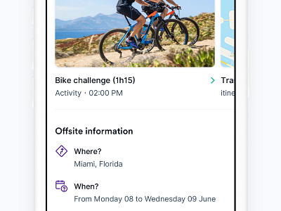 Offsite Information ℹ️ activity android app dashboard icon interface ios minimalist mobile offsite product timeline ui ux