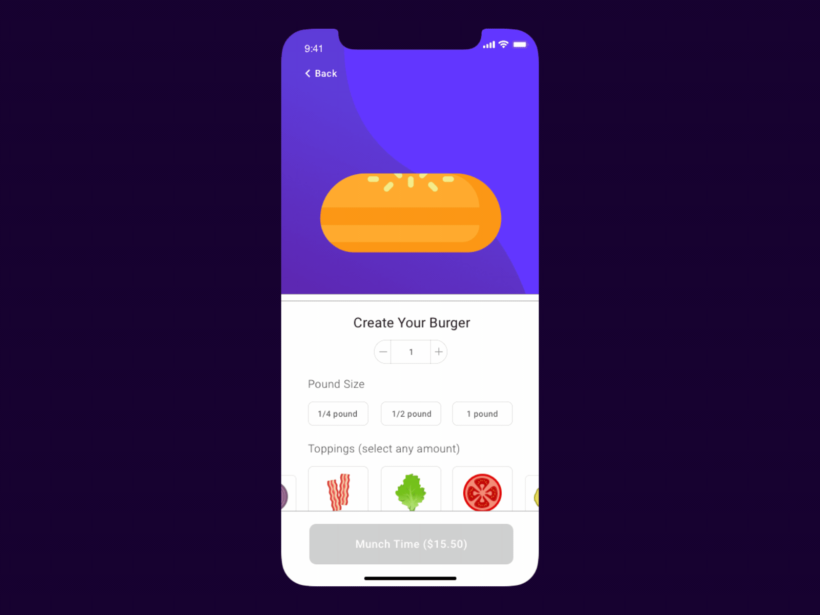 Create Your Burger UI animation burger dailyui design food app fooddesign illustration ui
