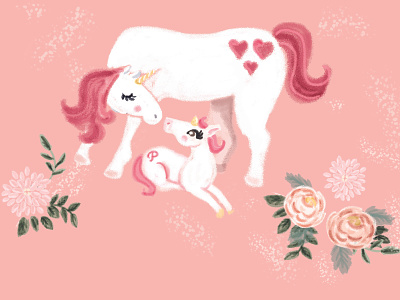 Mama & baby unicorn Florals digital art illustration unicorn