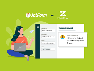 Zendesk & JotForm artwork assignee automation business customer design e commerce easy to use form illustration integrations jotform question request support ticket ui vector zendesk