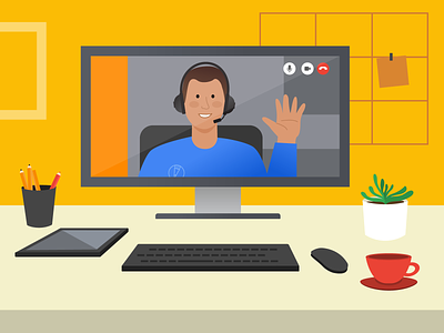 Video chat artwork business call chat conference design desktop employee flat illustration minimal sales service support team vector video virtual workspace