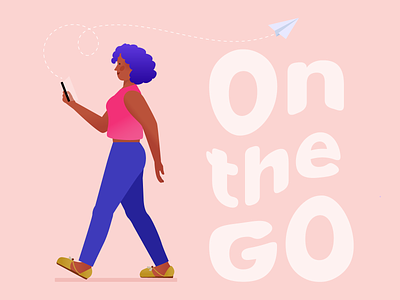 On the Go artwork character design flat illustration mobile on the go typography vector walking woman
