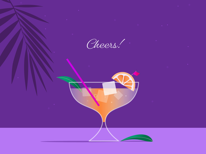 Cheers animation artwork banner cheers coctail design drink fizzy fruit gif glass ice illustration minimal night orange purple summer theme vector
