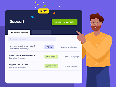 Support ticketing system announcement customer dashboard design editorial feature form illustration jotform marketing new question request status submission submit support system ticket ui