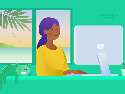 Remote work setting ai artwork banner blog blog design blog post cat drawing editorial editorial illustration illustration post productivity remote work vector woman work workplace