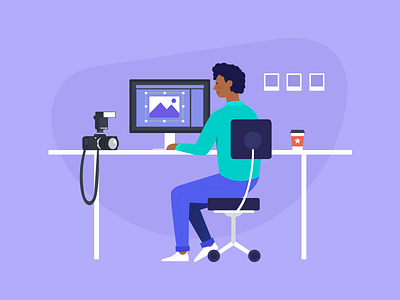 Photographer business camera computer design desk editing flat freelance illustration office photo photographer productivity shoot vector working workplace