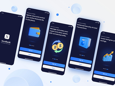 Online Bank - Onboarding Screens 3d 3d graphics 3dinspiration blockchain blue coherent dark interface dark mode dark ui design finance app finance inspo fintech onboarding onboarding screens online bank ui ux ux ui yellow