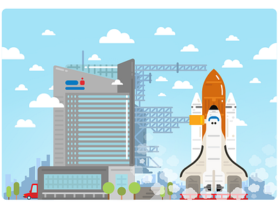 Space shuttle_client illustration building car cloud flat geometric illustration shuttle skyscraper space vector