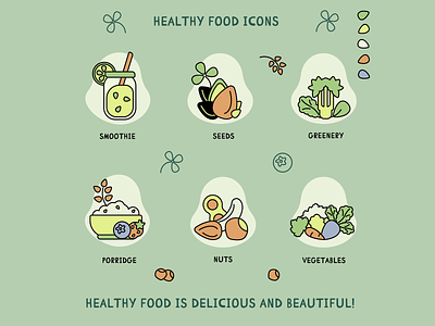 HEALTHY FOOD ICONS adobe illustrator design foodicons graphic design greenery healthy healthyfood healthyfoodsicon icons iconsformobileapp mobileapp nuts porridge seeds smoothie vegetables