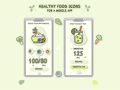 HEALTHY FOOD ICONS FOR A MOBILE APP adobe illustrator avocado blueberry carrot celery design food icons grain graphic design greenery healthy food icons mobileapp nuts porridge seeds smoothies vegetables