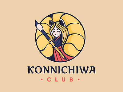 Konnichiwa club: kitsune anime brush chibi fox girl japan japanese kitsune konnichiwa logo paint yellow
