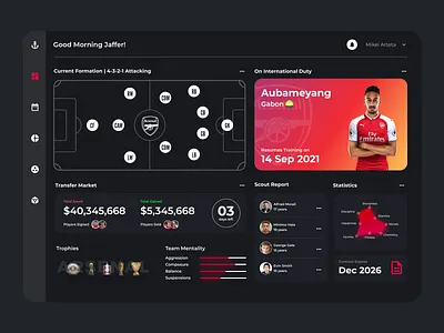 Arsenal Manager Dashboard cards clean ui color dashboard design exploration football icons logo soccer sports trending typography ui ux vector vibrant visual design web design website