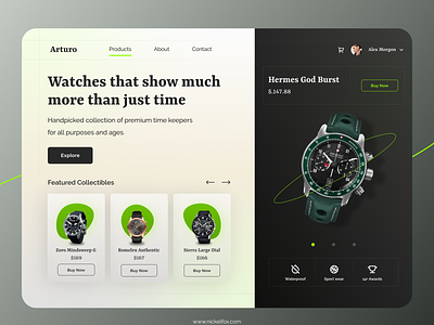 Premium Watches Landing Page branding cards clock color design green hero section illustration landing page landing screen logo product product design time typography ui ux watch web website