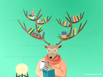 Deer Bookshelf Illustration animal art books bookshelf cards color concept deer graphic design green horns illustration librarian library logo minimal reading shelf texture vector