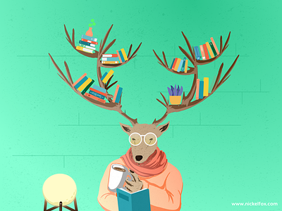 Deer Bookshelf Illustration