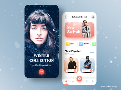 Winter Fashion Store - Mobile App Concept cards cart clean clothing dashboard e-commerce fashion interface landing page minimal mobile app onboarding online shop online store product product cart shopify splash screen store ui design