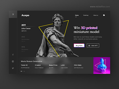 NFT Landing Page Concept 3d black crypto art history landing page metaverse modern nft rome token ui web design website