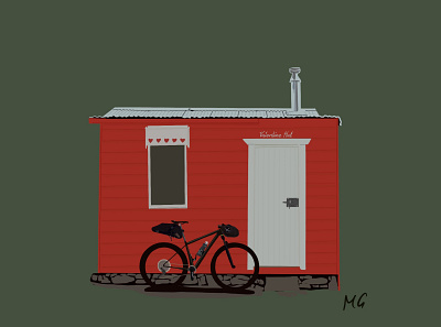 Bikepacking bike in front of Valentine Hut bicycle bike bikepacking cabin hut illustration