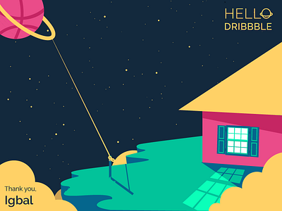 Hello Dribbble! design dribbble hello house illustration planet. space stars thank you