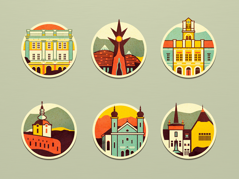 Hometown Icons city hungarian mountain illustration print design embelm center adline brassai szende icon icons building town home hometown castle saint george church tower museum culture transylvania saint george székely land sepsi screen print badge