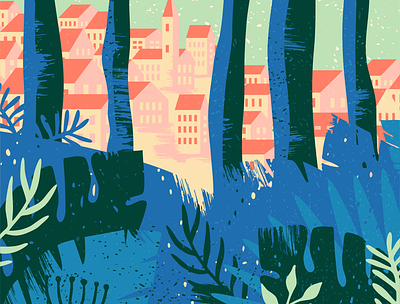Illustration [wip] building bush forest leaf nature plant sea town tree wood