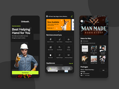 Unleash. - An on-demand services app andoid dark mode ios mobile app on demand on demand service services uiux