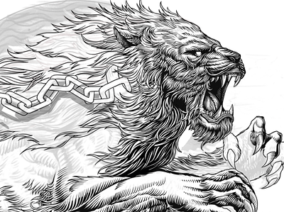 Lion art engraving illustration ink lineart linework lion old pan and ink school