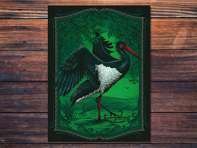 Black Stork bird engraving graphic art graphic arts poster red book sokolov alexey stork