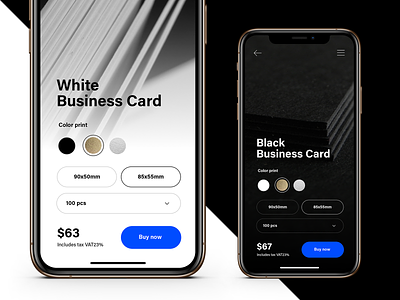 Printer House Concept app black blue business card dark dark mode design ecommerce gold light mobile price select silver ui ux uxui vs web white
