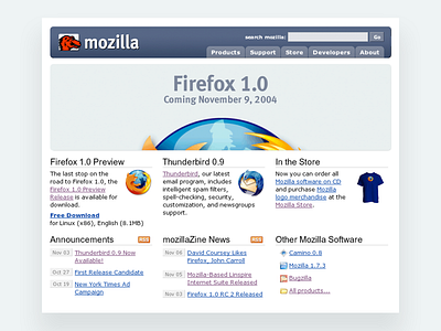 Mozilla and Firefox: 2004 browser logo marketing web design