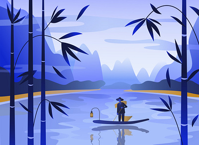 Oriental landscape with river, mountains, bamboo. bamboo blue boat character illustration lake landscape leaves man oriental sea sky trees vector yellow