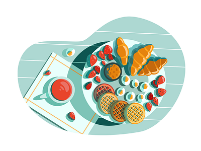 Food illustration adobe illustrator breakfast cookies croissants cup eggs food illustration strawberry table vector