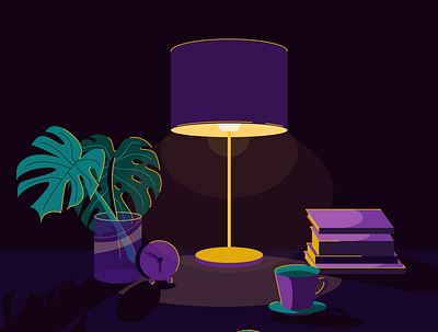Evening vector illustration with bright lighting adobe illustrator book education evening illustration lamp leaves reading table tropic vector work