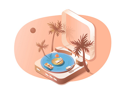 Isometric music player and summer holiday atmosphere adobe illustrator chill holiday illustration island isometric music palm palms player relax summer tropic vector water