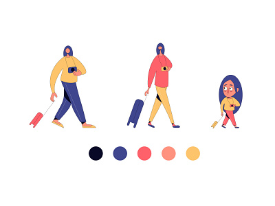 Travel girls adobe illustrator blue character chibi flat girl girls illustration minimal people red suitcase travel traveler vector woman yellow