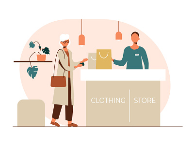 clothing store adobe illustrator character clothing fashion flat illustration leaves minimal money pay people shop store style vector woman