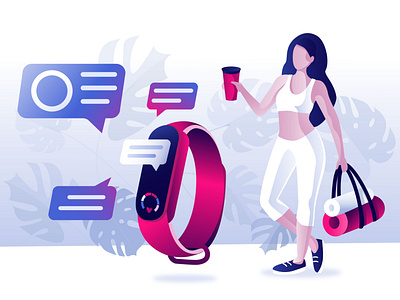 sport and weight loss adobe illustrator blue character design girl gradient graphic design illustration leaves minimal smart bracelet smart watch sport ui vector violet woman yoga