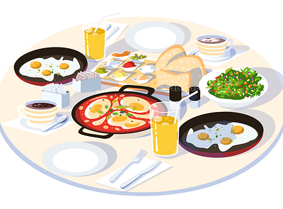 big Israeli breakfast adobe illustrator breakfast coffee eggs flat food illustration israel israeli juice salad shakshuka table vector