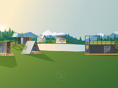 tiny houses adobe illustrator design flat houses illustration lake landscape minimal mountains nature small sunset tiny vector