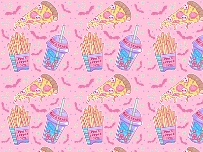 Pastel Goth Junk Food Surface Pattern Design 2d illustrator boba illustration food illustration pattern design pizza illustration surface design textile design