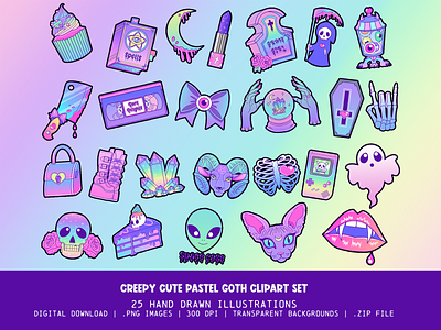 Creepy Cute Pastel Goth Clipart Set 2d illustrator clipart logo logo design